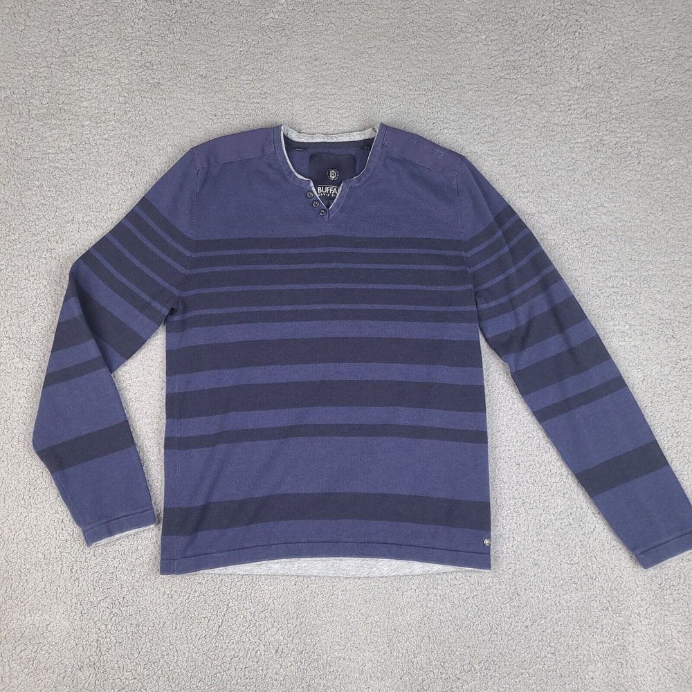 Buffalo David Bitton Sweater Mens Large Blue Striped Long Sleeve V Neck Pullover